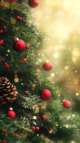 Snow-kissed Christmas tree branches glow in warm light.