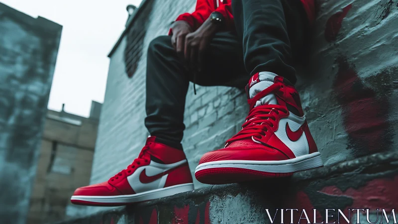 Red and white high-top sneakers on urban rooftop ledge.