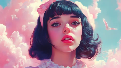 Girl with dark bob haircut stands against pastel sky clouds
