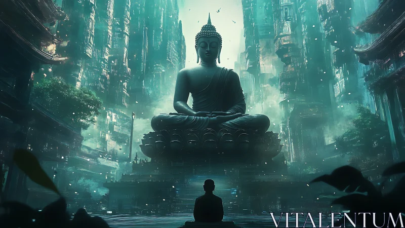 Monumental cybernetic Buddha amid vertical megastructures.