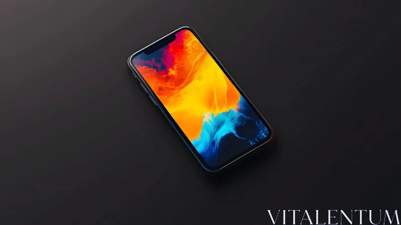 Modern smartphone with vibrant abstract wallpaper on dark surface.