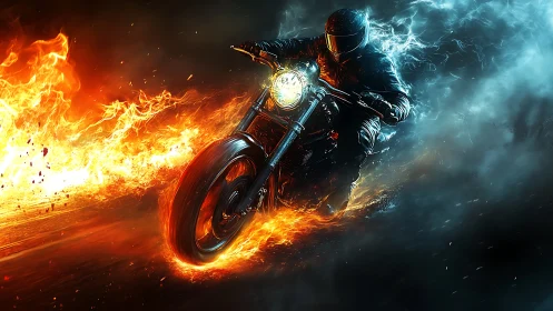 Fiery motorcycle rider cuts through blazing inferno and smoke.