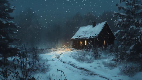 Snow-laden forest cabin rendered with cinematic night lighting