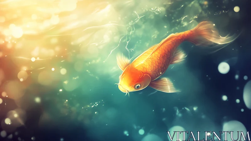 Luminous koi in volumetric aquatic bokeh field rendering.