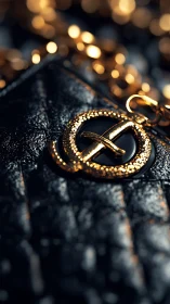 Gold monogram clasp on black leather luxury handbag.