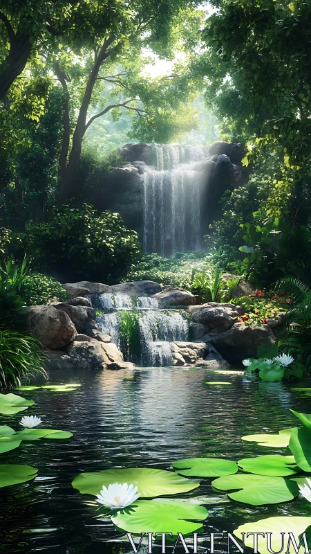 Tranquil forest waterfall and lily pond in soft daylight.