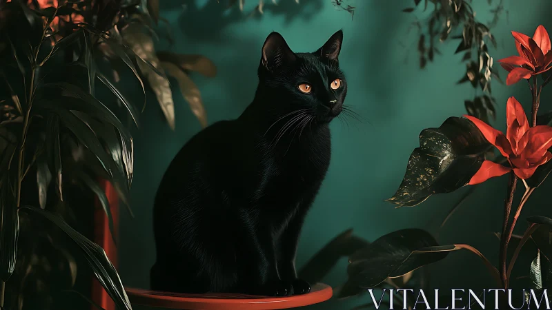 Black Cat with Amber Eyes in Botanical Setting.