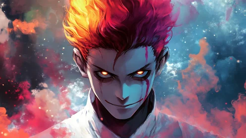 Fiery haired figure with glowing eyes in colored clouds.