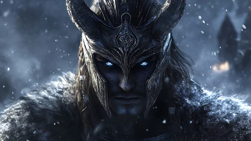 Frostbound horned warrior glares through swirling snowstorm.