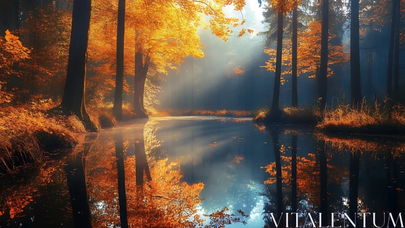 Autumn forest trees reflect on still river under soft sunlight