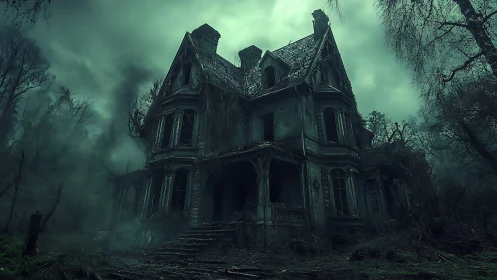 Fog-drowned gothic mansion broods beneath poison-green sky.