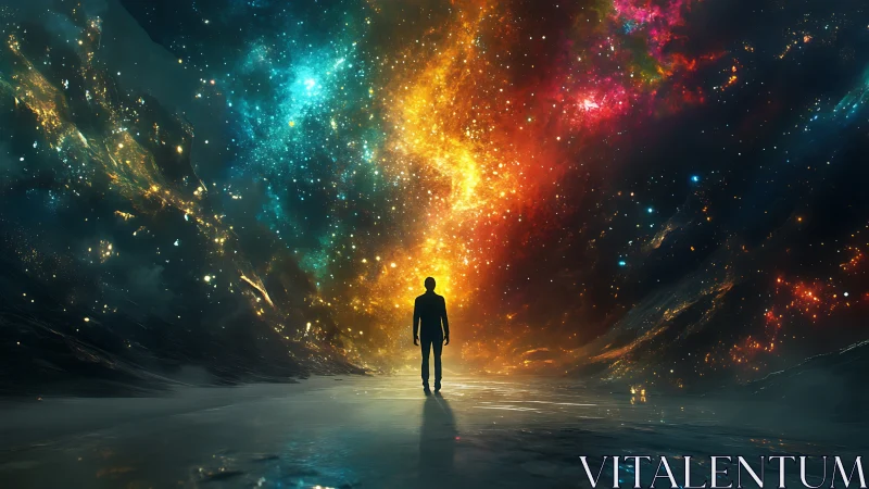 Stargazer silhouette within luminous cosmic vortex trail.