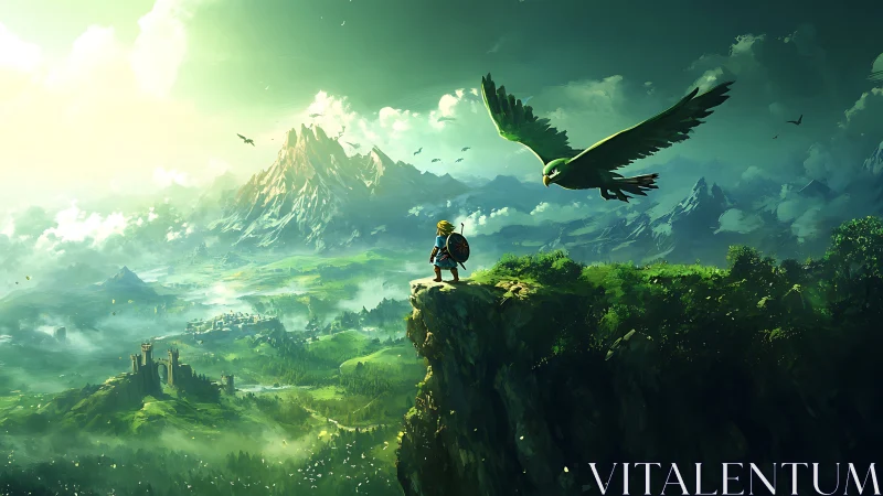 Sky edge wanderer and emerald hawk over mist kingdoms.