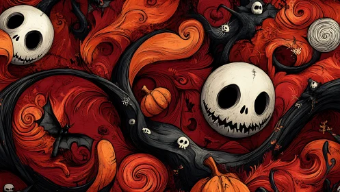 Skull motifs with pumpkins and bats in swirling red field.