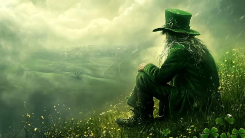 Fantasy leprechaun study on misted hills with atmospheric depth.