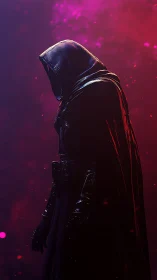 Shrouded hooded figure in magenta embers and shadowed glow.