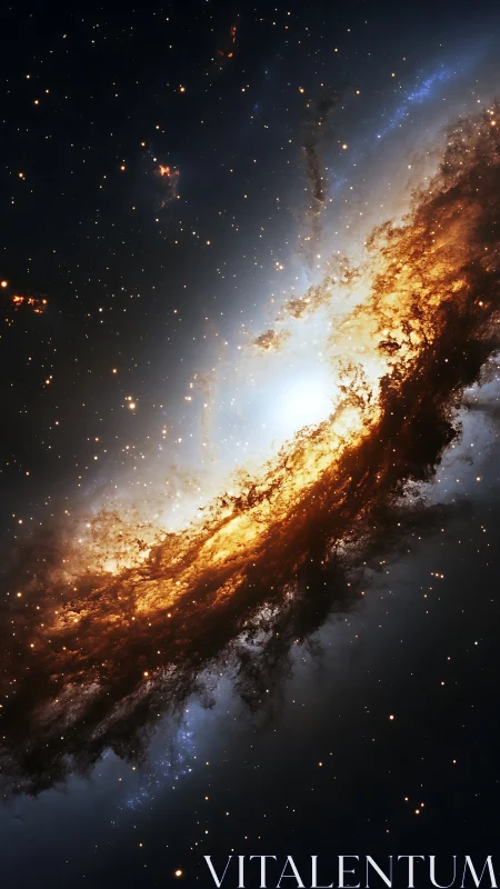 Fiery spiral galaxy unfurls through star‑studded deep space.