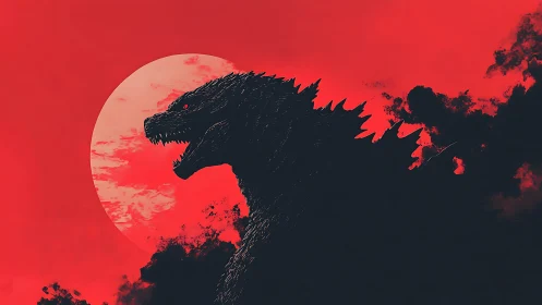 Kaiju silhouette dominates crimson lunar horizon field.