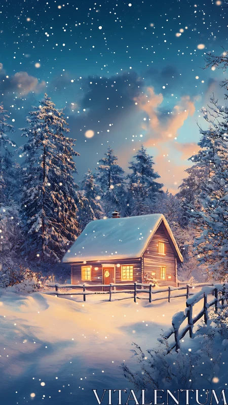 Winter cabin glows like a small hearth in a sky of falling stars