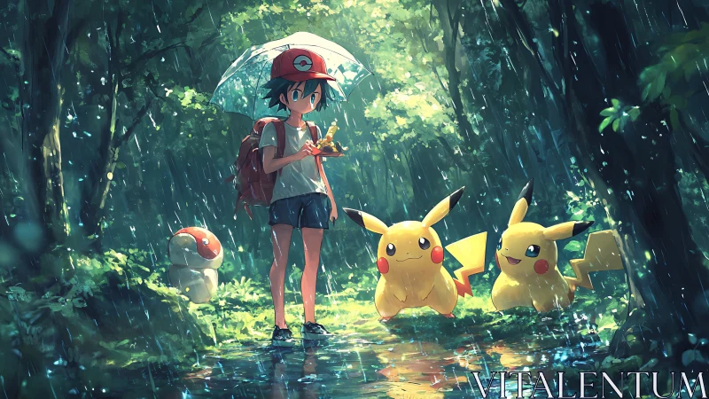 Rainy forest stroll with cheerful electric friends and wonder.