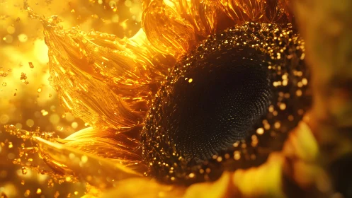 Radiant Close-Up of Sunflower with Golden Artistic Effects.