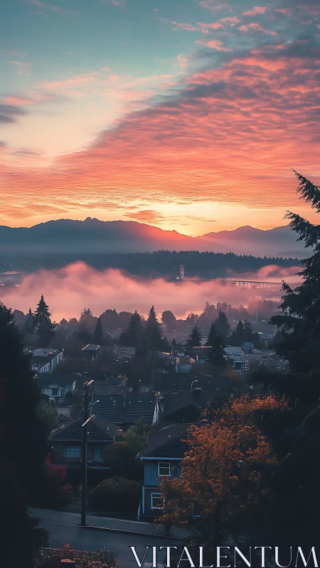 Suburban neighborhood under mist with distant mountains at dawn.