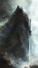 Shadow-cloaked wraith strides through stormlit ruin.