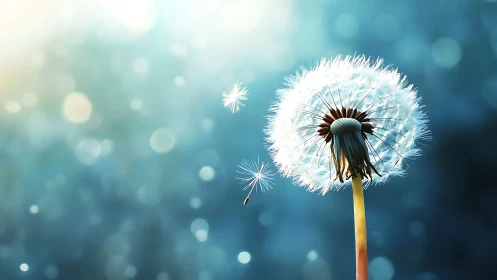 Dandelion seed head with dispersed seeds against blue bokeh.