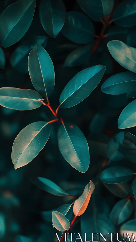 Teal foliage closeup under warm rim lighting, shallow focus