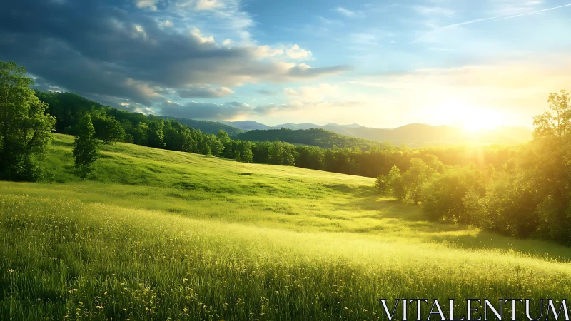 Sunlit grassland slopes downward toward distant forest line
