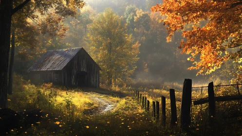 Rustic barn along sunlit autumn forest path at dawn.