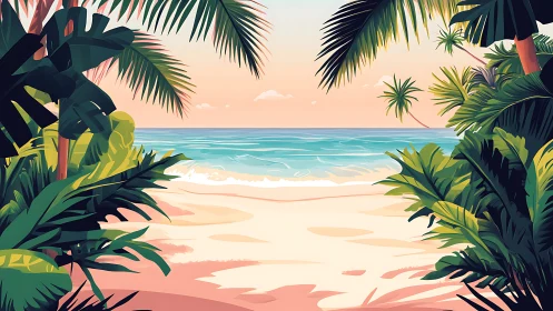 Tropical Beach Landscape with Framing Vegetation.
