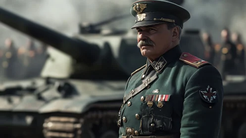 Veteran commander stands steady before the waiting tank lines.