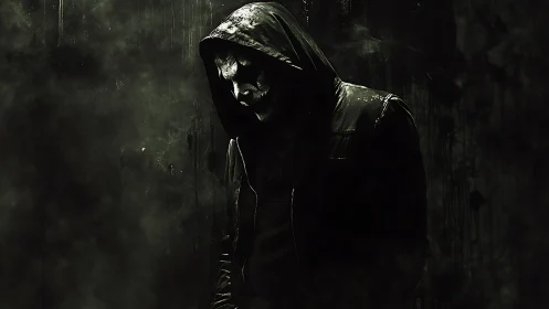 Hooded masked figure stands in low key directional lighting