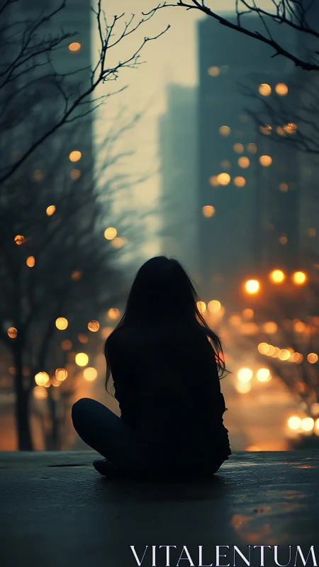 Cinematic silhouette in misty city bokeh composition.