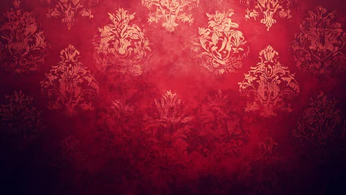 Vintage damask wallpaper displays ornate floral motifs in red