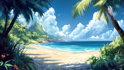 Tropical beach cove with palm trees, sand, and mountain backdrop