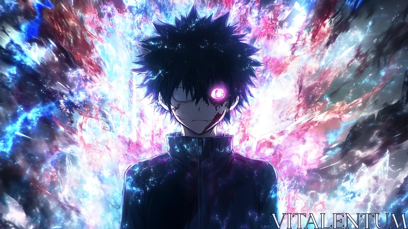 Energetically charged anime figure with luminous singular eye.