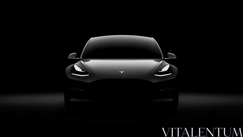 Front-lit black electric sedan in low-key studio darkness