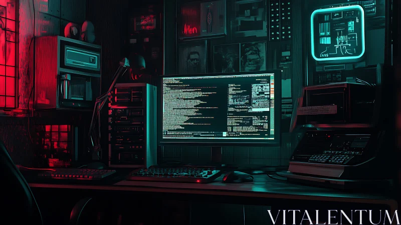 Retro-futuristic hacker workstation in neon duotone lighting.