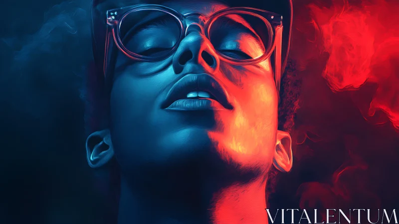 Neon-lit portrait divides cool blue and burning red glow.