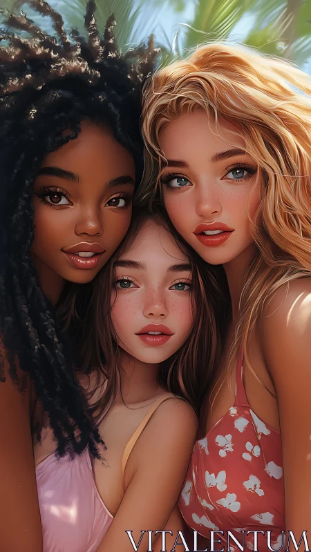 Three stylized young women pose closely in bright daylight