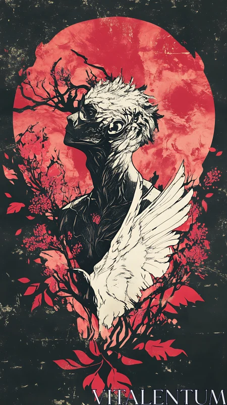 Hybrid skeletal figure framed by red lunar disc and winged flora