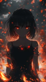 Fierce ember-eyed girl standing calm within swirling fire.