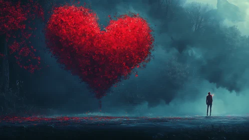 Solitary Figure Confronting Massive Crimson Heart Floating in Ethereal Mist