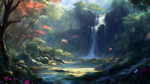 Tranquil forest waterfall amid luminous morning mist.