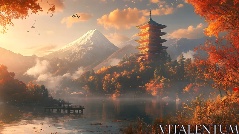 Pagoda by misty lake beneath distant snow peak at dusk.