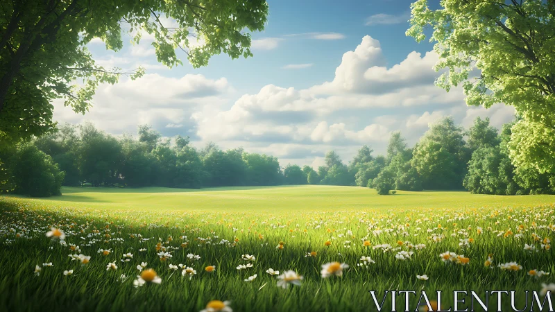 Sunny green meadow with wildflowers under soft clouds.