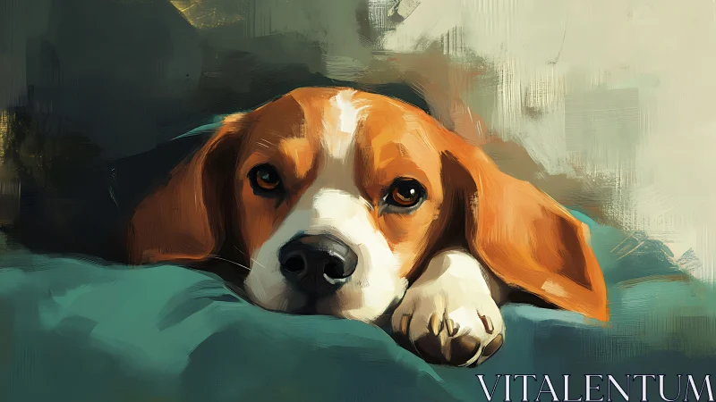 Beagle puppy rests on teal blanket in soft digital light.