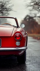 Crimson roadster lingers on a rain-glossed winter lane